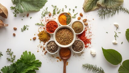 Selection of dried spices in individual bowls on a white surface, suitable for spice blending or culinary layout, textures and backgrounds, neutral
