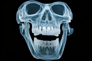 Primate skull x ray showing detailed bone structure and smiling teeth against a black background