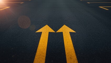 Contrasting yellow directional arrows on dark pavement, urban traffic navigation