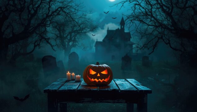 Spooky Halloween setup featuring a pumpkin on a graveyard table illuminated by moonlight, highlighting unsettling environment and structural disarray