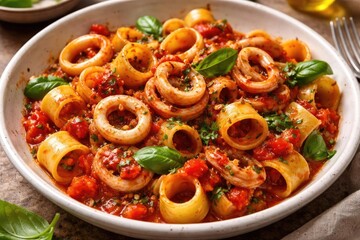 Calamarata pasta served with calamari and a savory tomato and basil sauce