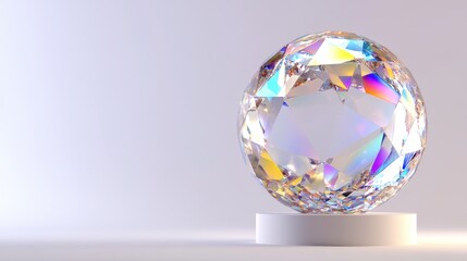 A large multifaceted crystal sculpture refracting light and creating a spectrum of colors against a clean white background