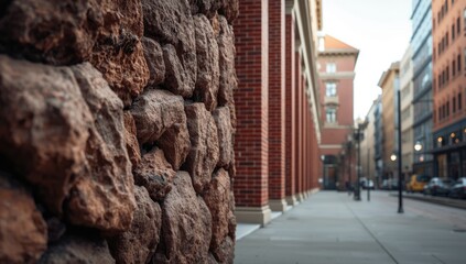 Perspective of a stone wall with brick columns in contemporary construction, focusing on architectural style and color scheme