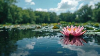 Water lily with vibrant pink petals in a pond setting, emphasizing natural aquatic plants