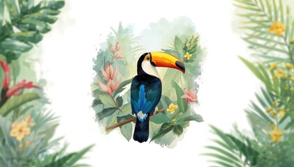 Obraz premium Watercolor painting of a toucan, suitable as a background for text or design elements