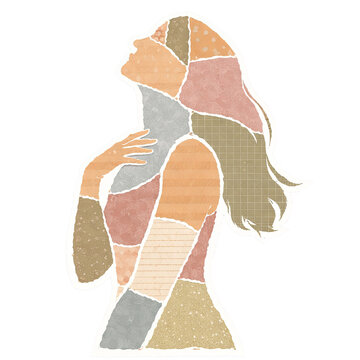 Silhouette of woman with hand near neck paper collage