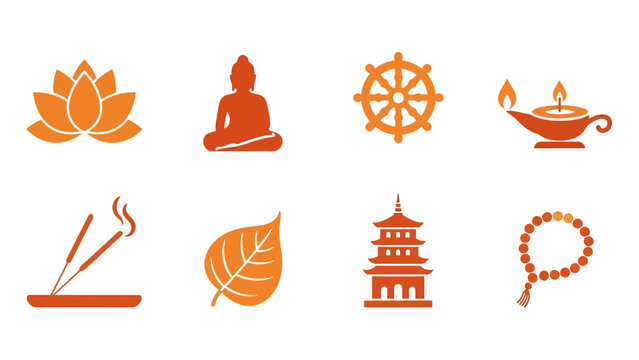 Eight orange Buddhist symbols arranged in two rows on a white background