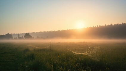 Morning fog drifting over farmland adjacent to a forest, affecting visibility and crop monitoring, Earth Day