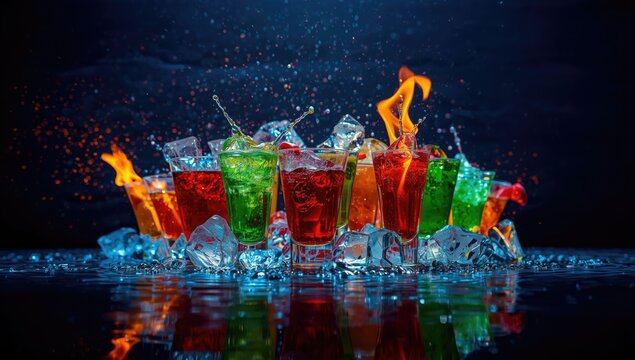 Frozen motion of cocktails with flying ice and drops in shot glasses on dark blue background, highlighting preparation techniques