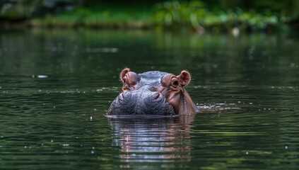 Obraz premium Hippopotamus head in a zoo pool, emphasizing aquatic habitat and animal well-being