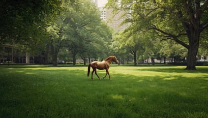 Naklejka premium Equine in a city park during daytime, highlighting urban recreational areas