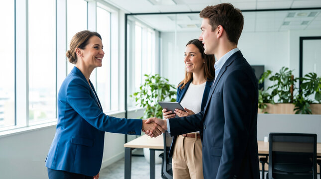 Successful business colleagues shaking hands and smiling in a modern office, celebrating a partnership or deal