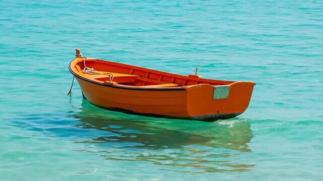 Vibrant orange boat gently bobs on the clear turquoise water, creating a serene seascape.
