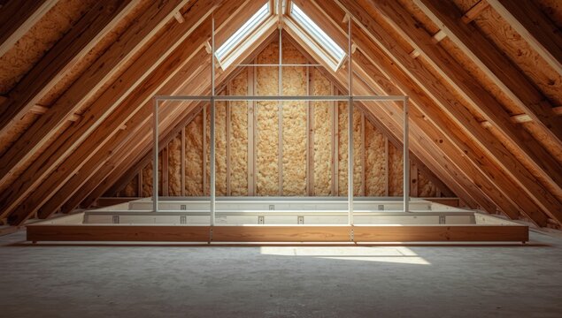 Attic roof with aluminum mounting frame and hangers for drywall, home renovation setup