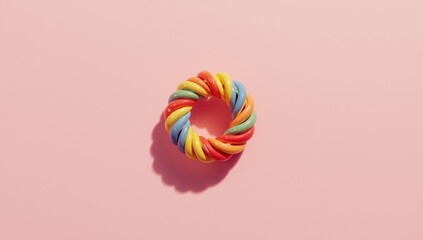 Rainbow toy shaped into a loop on a pink surface, highlighting vintage 90s childhood objects for nostalgia