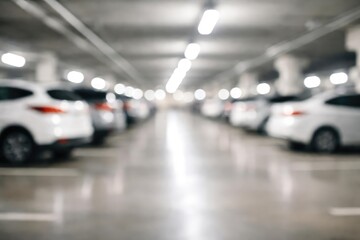 Blurred shot of smooth surfaced underground parking garage emphasizing white vehicles and lighting
