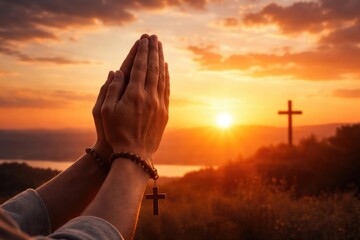 Sunset imagery combined with hands clasped in Christian prayerful pose