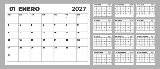 Spanish technical calendar 2027 with clean grid, structured design for project management, corporate tracking and administrative tasks. Offers a complete annual overview in Spanish