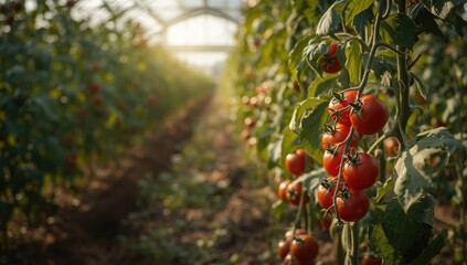 Cherry tomato plants thriving in a greenhouse setting, highlighting efficient agricultural techniques