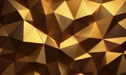 Close-up of golden, geometric, polygonal surface. Textured, angled shapes form the design