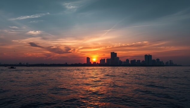 Sunset light on Marine Drive promenade in Mumbai, cityscape at dusk, urban planning focus