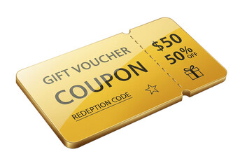 Golden gift voucher coupon with $50 and 50% off discount