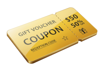 Golden gift voucher coupon with $50 and 50% off discount