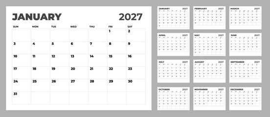 Professional 2027 horizontal calendar template in English with enlarged January, clean grid design, minimalist aesthetic concept, ideal for business planners and annual organizers