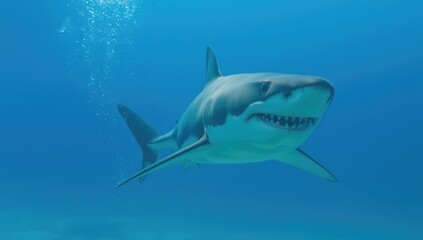 Naklejka premium Close-up of a great white shark in open water, highlighting oceanic predator behavior for marine conservation discussions