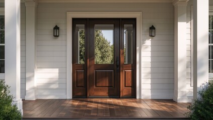 Dark stained wood front door with white surrounding door frame classic exterior design