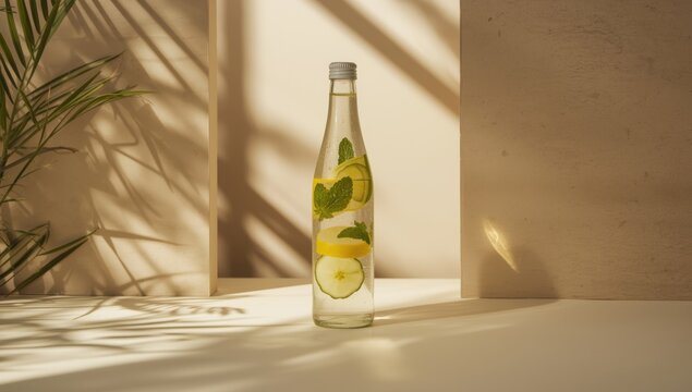Refreshing lemon, mint, and cucumber water in a bottle on a beige table, ideal for hydration
