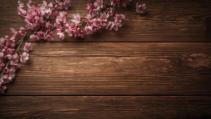Pink acacia blossoms displayed on rustic wood, ideal for nature-themed text overlays or banners