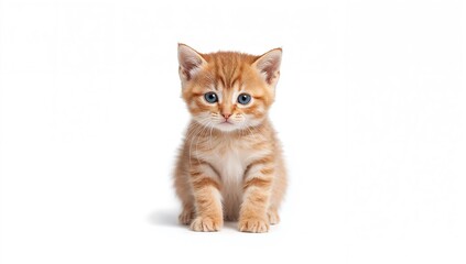 Fototapeta premium Young Scottish kitten featuring short paws and vibrant red stripes, isolated on white, highlighting feline breed traits