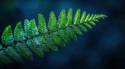 Vibrant green fern leaf branch against dark blue background