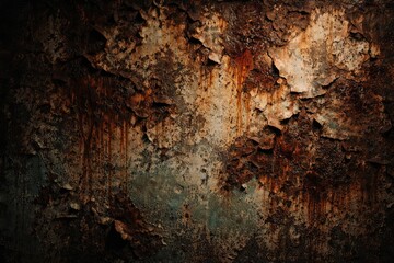 Rust and peeling paint combine in grungy old wall texture background