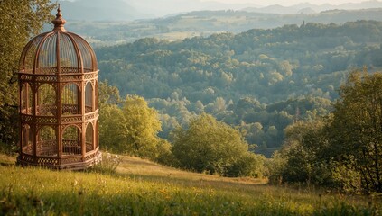 Large bird enclosure situated on a hillside with forested landscape background, focusing on wildlife preservation