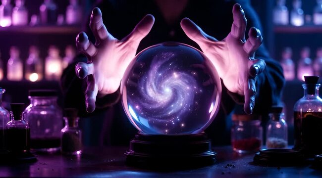 Mystical fortune teller's hands hovering over glowing crystal ball with galaxy inside