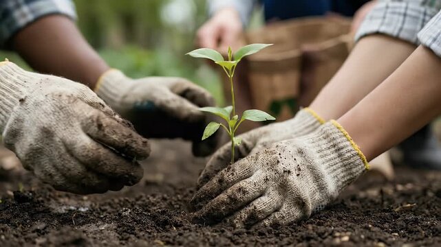Side View of African American and Caucasian Hands Planting Green Shoot representing Global Partnership