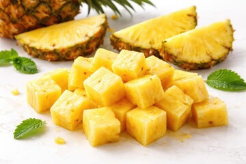 Ripe tropical pineapple pieces cut into cubes and slices on a white surface showcasing fresh fruit appeal and vivid hues