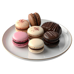Assorted Gourmet French Macarons and Chocolate Pralines Displayed on a White Plate with Gold Rim Isolated on White Background for Bakery and Patisserie Menu