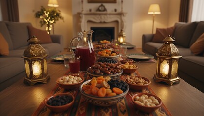 Naklejka premium A beautifully set table with food and drinks in a cozy living room with lanterns