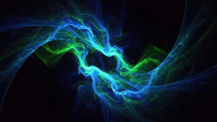 Vibrant blue and green neon light trails swirling against a dark background creating a mesmerizing abstract design