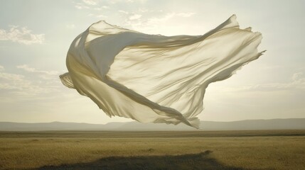 A large piece of white fabric billowing freely in the wind against a vast landscape and soft sky