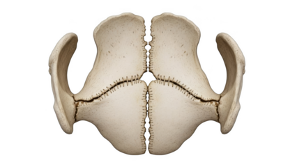 Close up of two stitched bone fragments resembling a skull or pelvis isolated on a transparent background