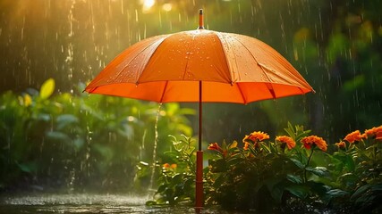 木漏れ日の庭でオレンジ色の傘が雨や日差しから守る穏やかな屋外情景