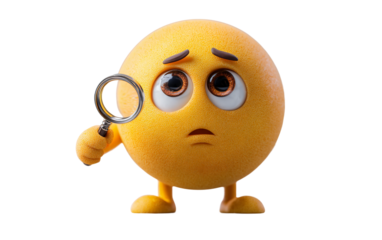 Playful thinking face emoji design holding small magnifying glass symbolizing problem solving, reflection, and exploration isolated on transparent background PNG