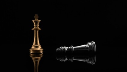 Golden king chess figure representing leadership and achievement amid a dark background, with a fallen silver king highlighting rivalry, ideal for marketing strategy discussions