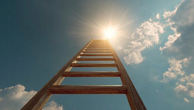 Wooden ladder stretches towards bright sun in a blue sky with fluffy white clouds, reaching for success