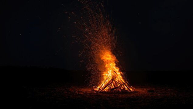Large bonfire with sparks flying into the night sky, highlighting heat and light, seasonal celebration