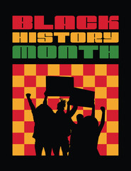 Black History Month celebration with vibrant colors and silhouettes of people raising signs, symbolizing unity and empowerment